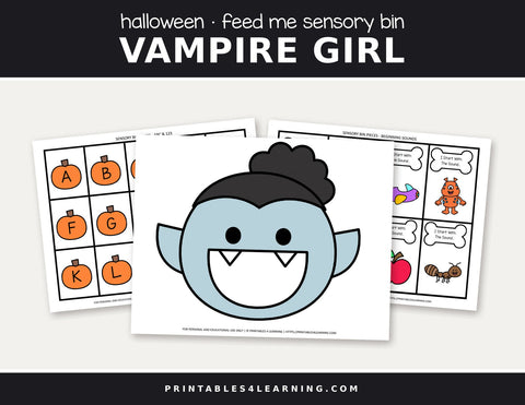 Halloween Feed the vampire girl sensory bin cover