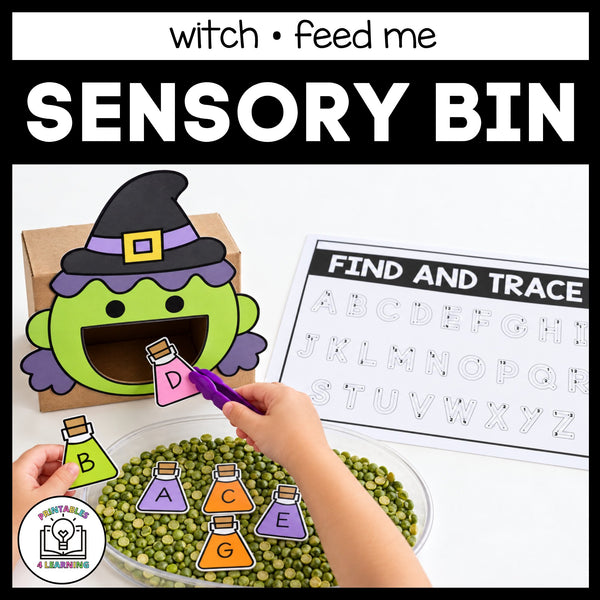 Child feeding the witch in the Halloween Feed Me sensory bin, with the Find and Trace alphabet page