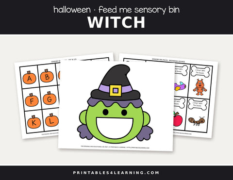 Halloween Feed the witch sensory bin cover