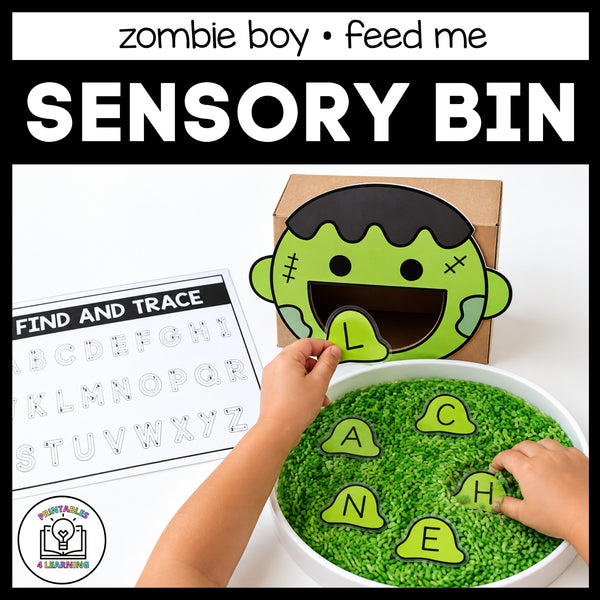 Child feeding the zombie boy in the Halloween Feed Me sensory bin, with the Find and Trace alphabet page