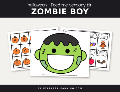 Halloween Feed the zombie boy sensory bin cover