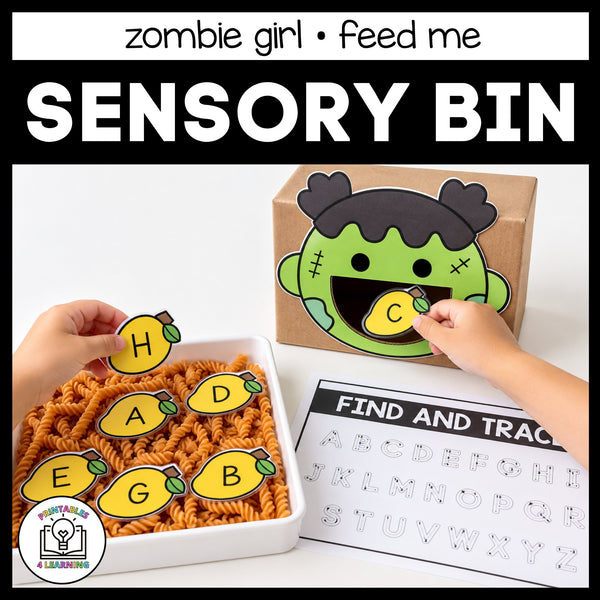 Child feeding the zombie girl in the Halloween Feed Me sensory bin, with the Find and Trace alphabet page