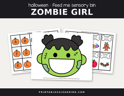 Halloween Feed the zombie girl sensory bin cover