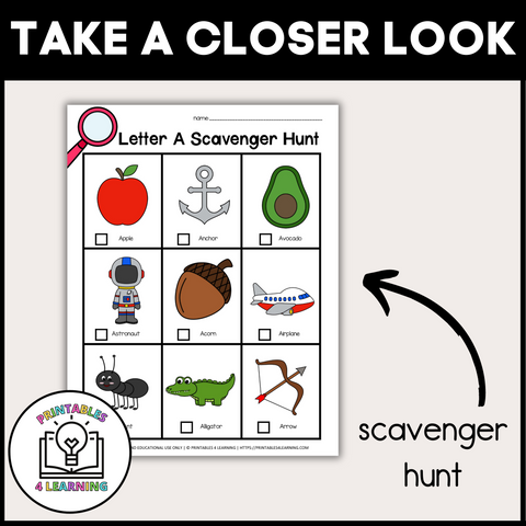 Letter A Scavenger Hunt Packet