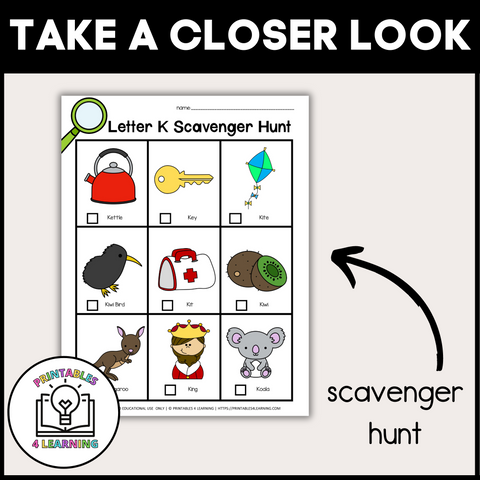 Letter K Scavenger Hunt Packet