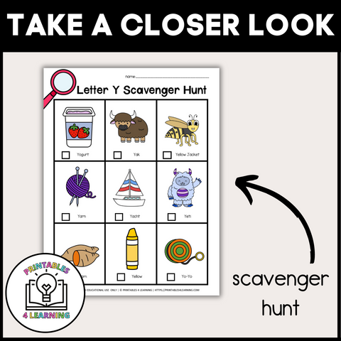 Letter Y Scavenger Hunt Packet