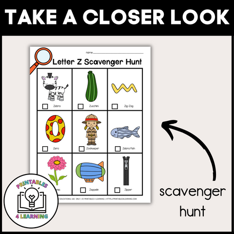 Letter Z Scavenger Hunt Packet