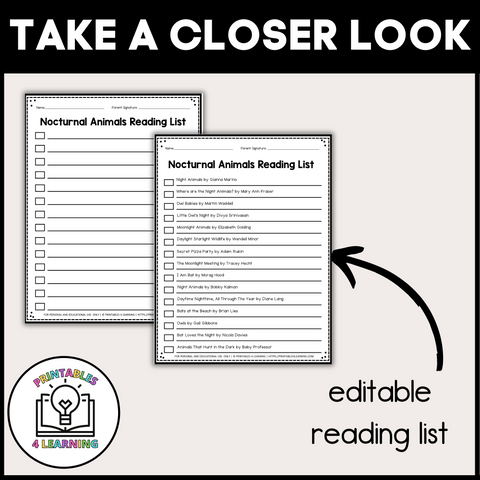 Editable Reading Log: Nocturnal Animal Books for Kids with Parent Handout