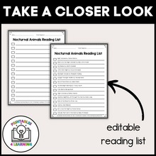 Load image into Gallery viewer, Editable Reading Log: Nocturnal Animal Books for Kids with Parent Handout
