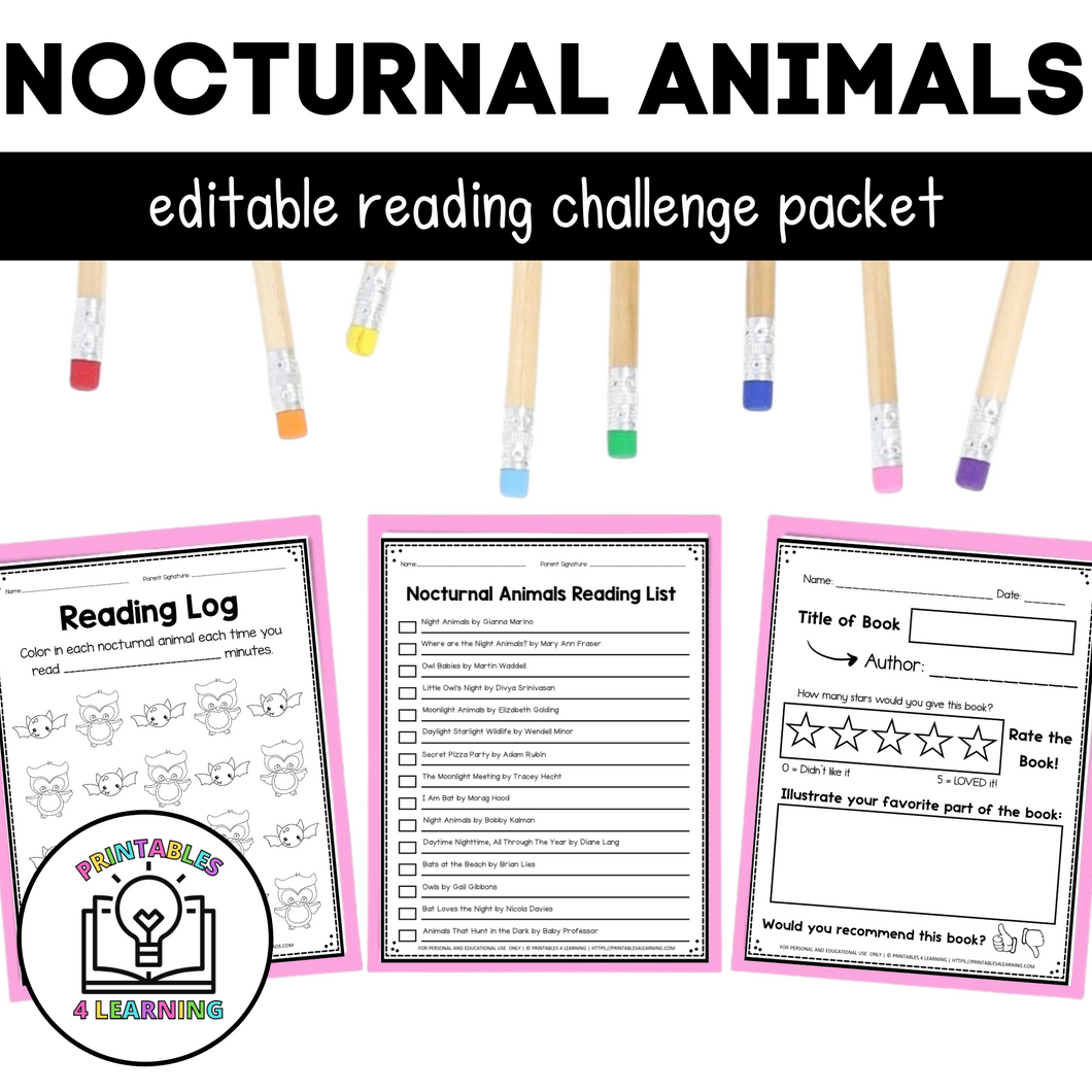 Editable Reading Log: Nocturnal Animal Books for Kids with Parent Handout