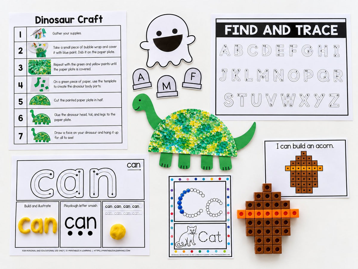 Sampler of Printables 4 Learning activities: dinosaur paper plate craft, alphabet tracing, sight word mat and building brick task card