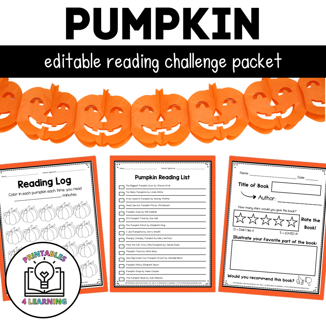 Editable Reading Log: Pumpkin Books for Kids with Parent Handout