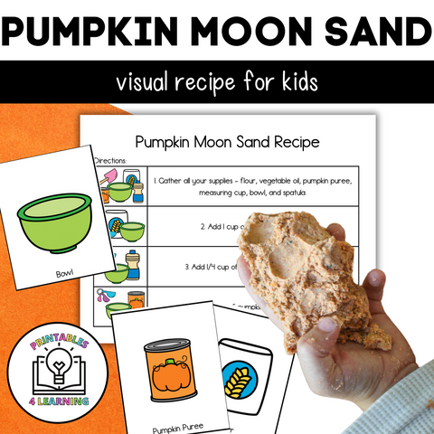 Featured Image: "Featured image of the Pumpkin Moon Sand Visual Recipe Kit showcasing all included components like ingredient cards and visual recipe.