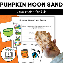 Load image into Gallery viewer, Featured Image: &quot;Featured image of the Pumpkin Moon Sand Visual Recipe Kit showcasing all included components like ingredient cards and visual recipe.
