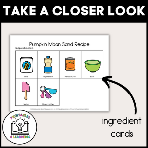 Ingredient Cards: "Ingredient task cards for making Pumpkin Moon Sand, featuring a clear list of necessary materials and instructions.