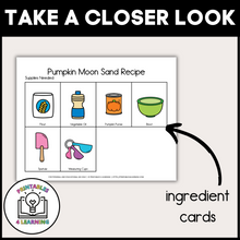 Load image into Gallery viewer, Ingredient Cards: &quot;Ingredient task cards for making Pumpkin Moon Sand, featuring a clear list of necessary materials and instructions.
