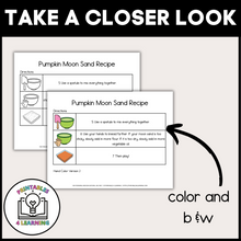 Load image into Gallery viewer, Color and Blackline Versions: &quot;Comparison of color and blackline versions of the Pumpkin Moon Sand Visual Recipe Kit components for versatile printing options.
