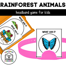 Load image into Gallery viewer, featured product image of the rainforest animal who am I headbands game that shows the printable displayed in a task box and on the headband game piece.
