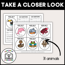 Load image into Gallery viewer, product image of the printable who am I headbands game that shows that there are 31 rainforest animal cards included.
