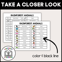 Load image into Gallery viewer, product image of the printable who am I rainforest animal headbands game that shows the vocabulary list included in the PDF.
