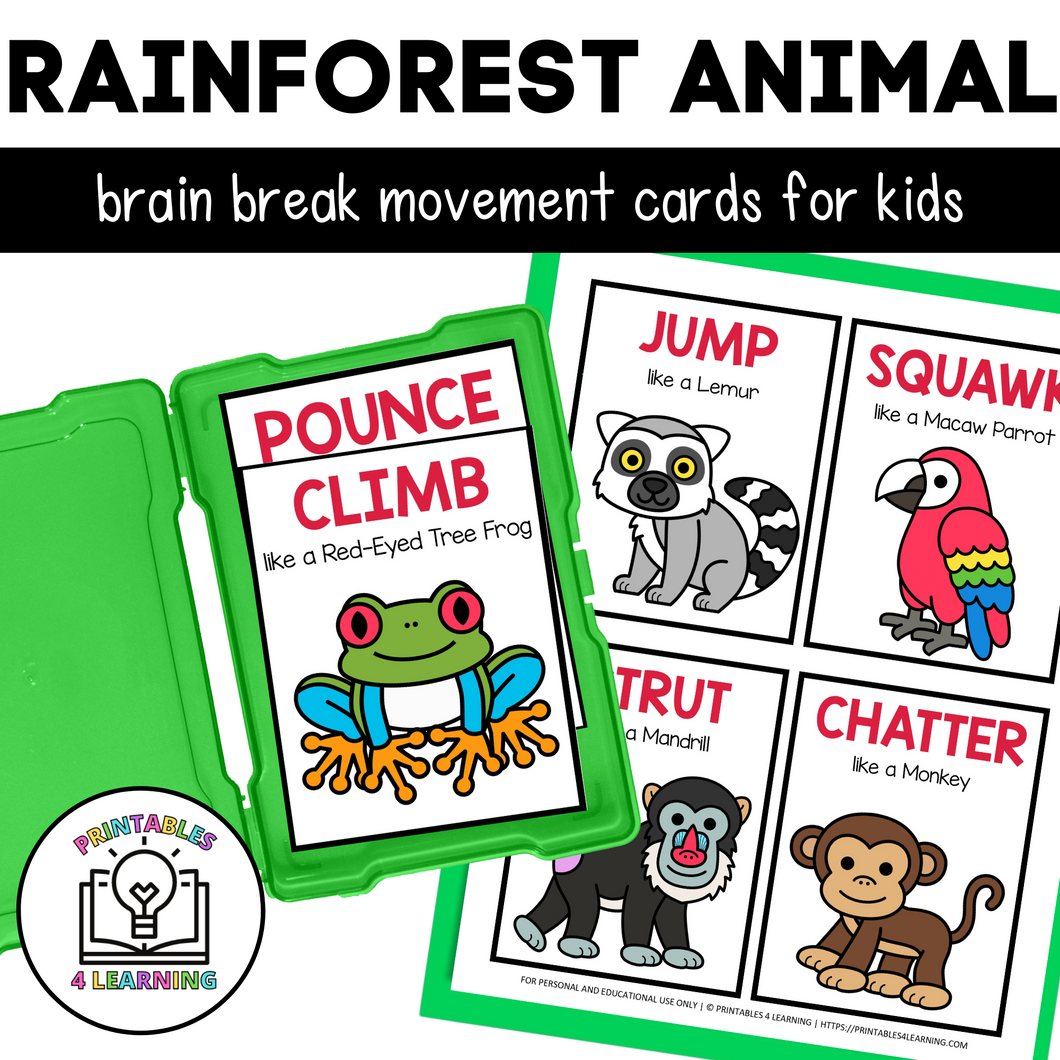 Rainforest Animal Movement Cards for Brain Break Activities