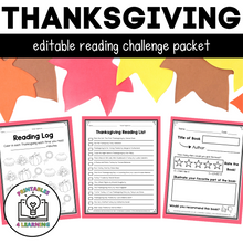 Load image into Gallery viewer, Editable Reading Log: Thanksgiving Books for Kids with Parent Handout
