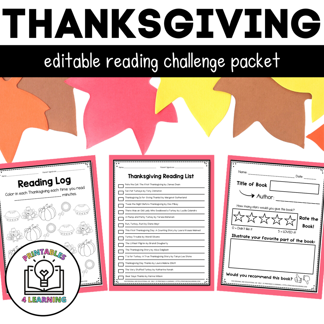 Editable Reading Log: Thanksgiving Books for Kids with Parent Handout