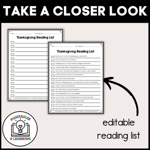 Editable Reading Log: Thanksgiving Books for Kids with Parent Handout