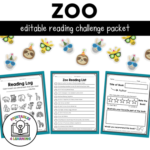 Editable Reading Log: Zoo Animal Books for Kids with Parent Handout