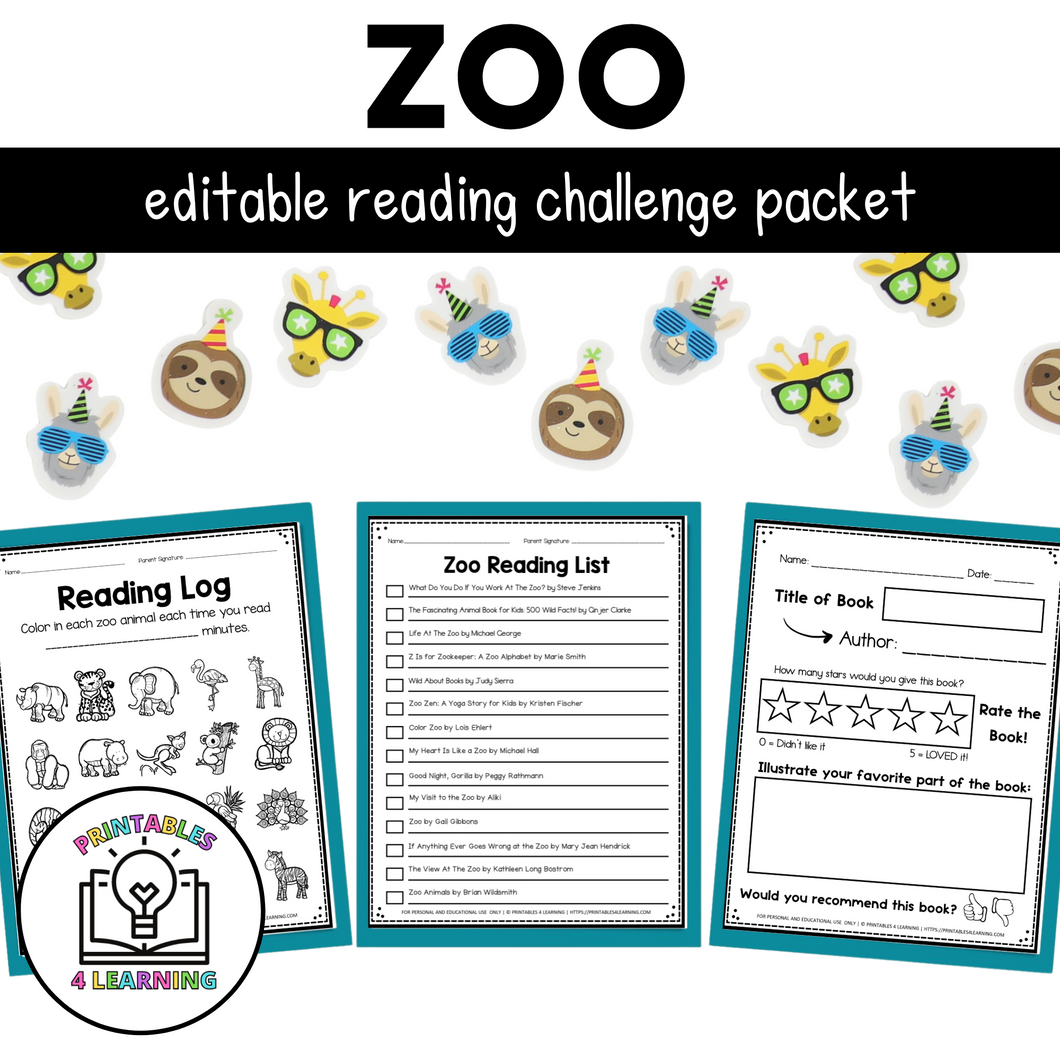 Editable Reading Log: Zoo Animal Books for Kids with Parent Handout