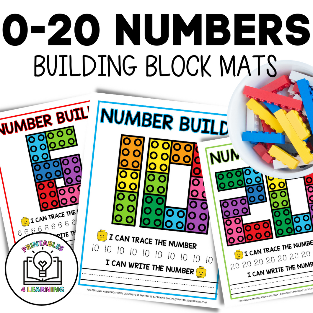0-20 Numbers Building Block Worksheets and Flash Cards