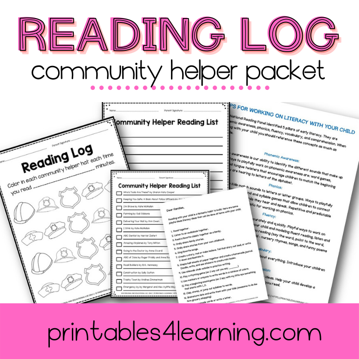 Editable Reading Log: Community Helper Books for Kids with Parent Handout - Printables 4 Learning