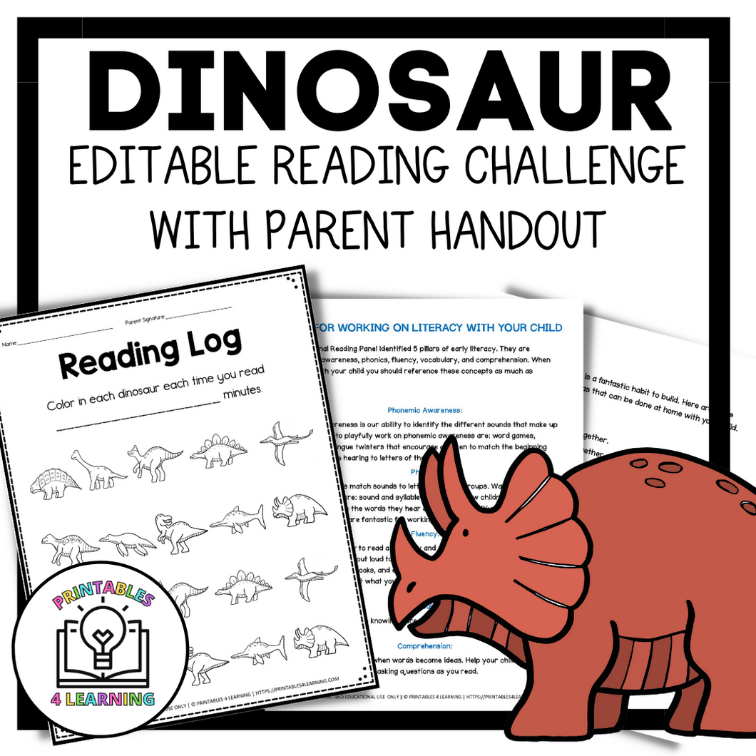 Editable Reading Log: Dinosaur Books for Kids with Parent Handout