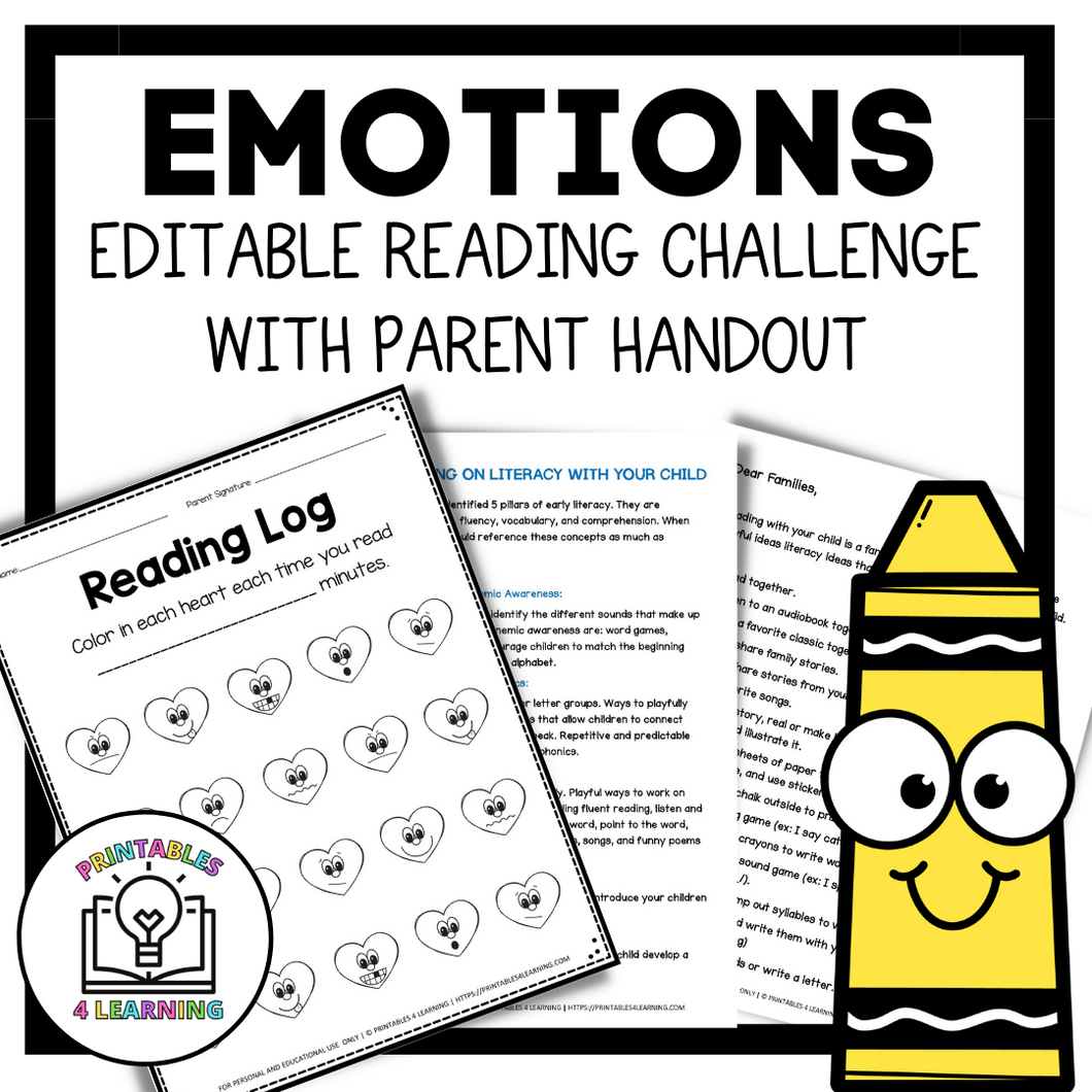 Editable Reading Log: Children's Books About Emotions with Parent Handout
