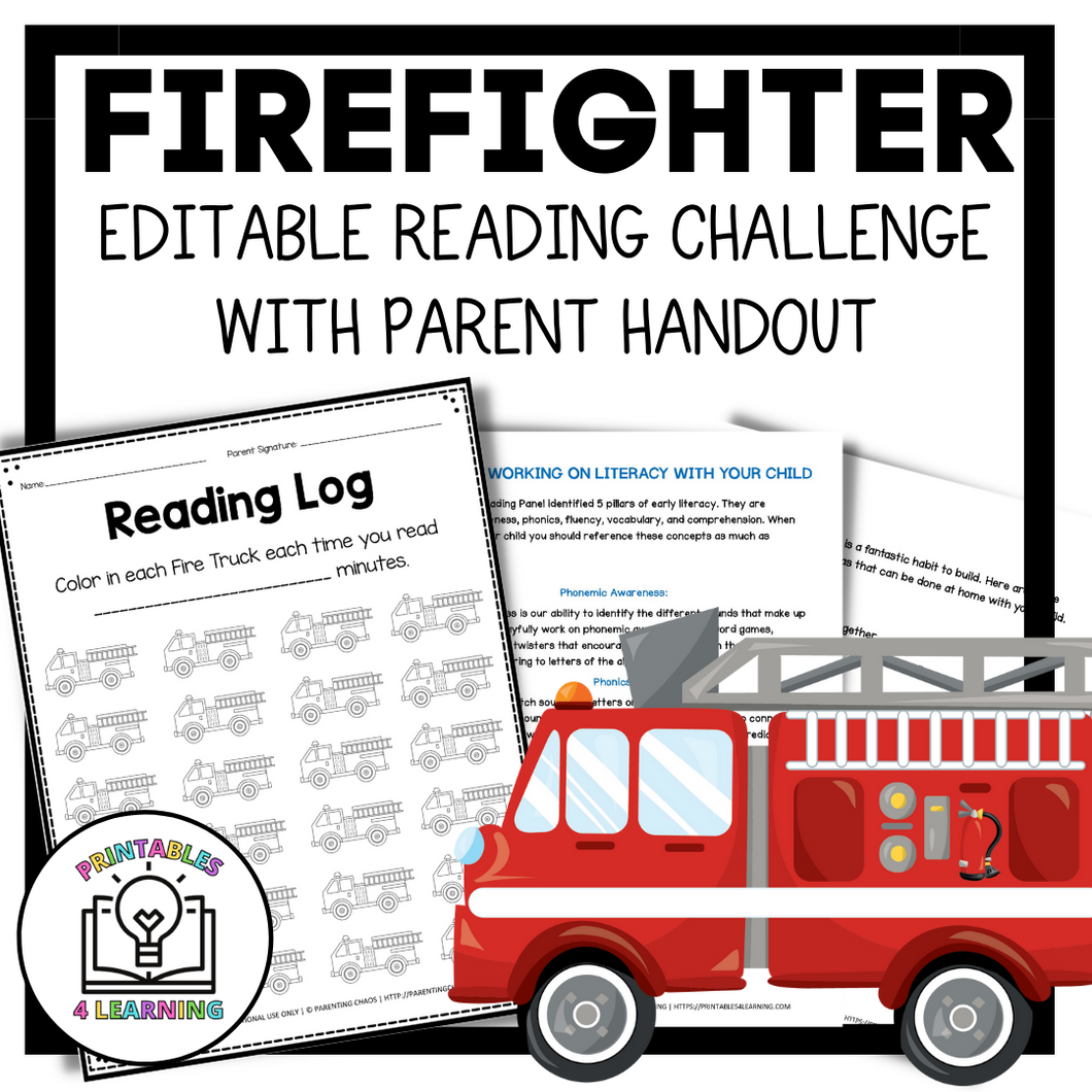 Editable Reading Log: Firefighter and Fire Truck Books for Kids with Parent Handout