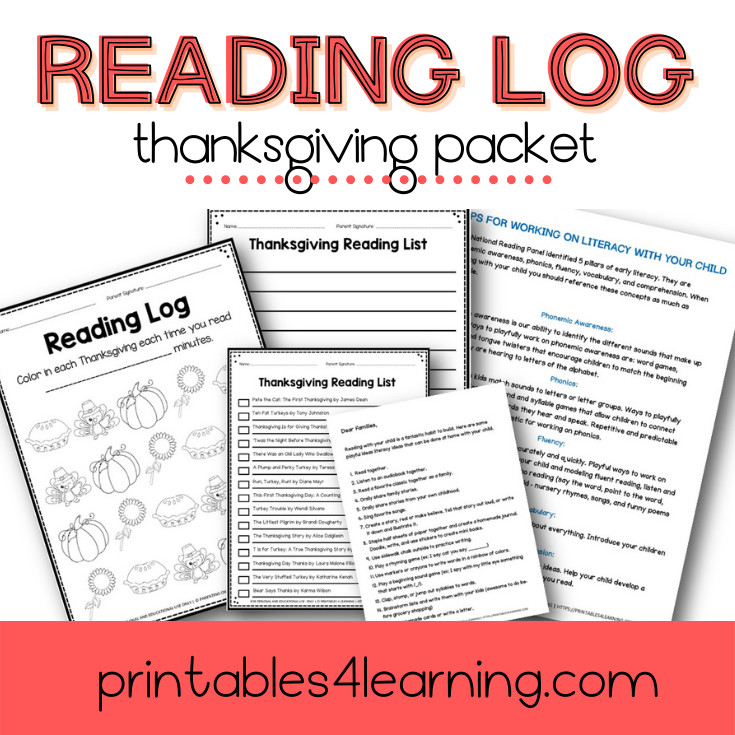 Editable Reading Log: Thanksgiving Books for Kids with Parent Handout - Printables 4 Learning