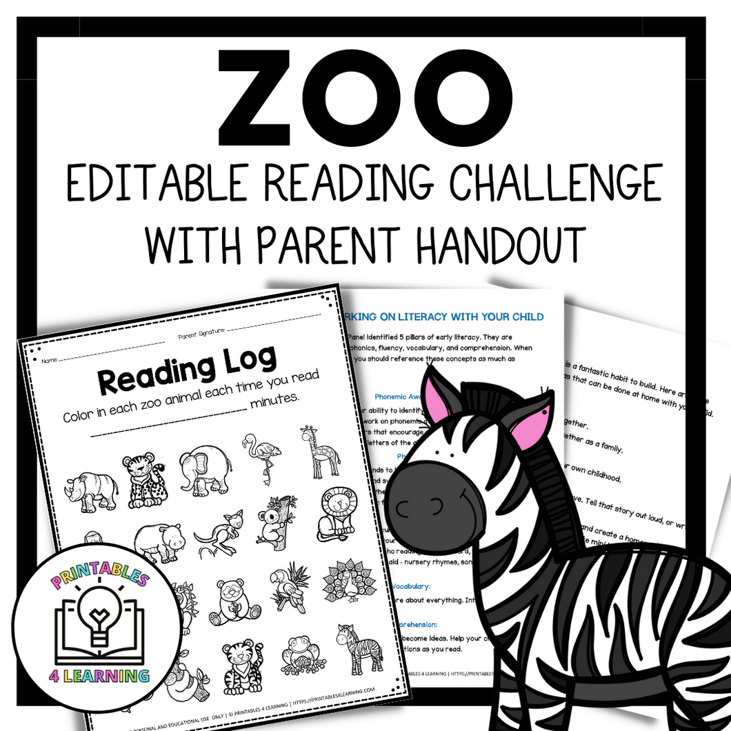 Editable Reading Log: Zoo Animal Books for Kids with Parent Handout